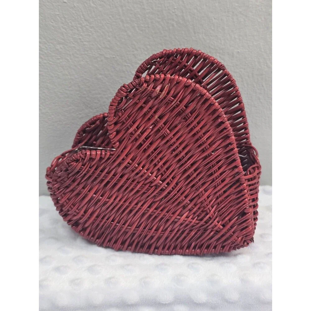 Heart Shaped Wicker Basket Red Planter Napkin Holder Side Shelf Country Decor